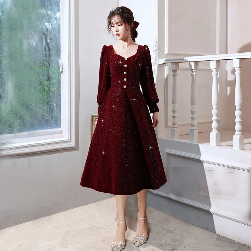 Elegant Square Collar Long Sleeve A-Line Evening Dress Back Zipper Women Formal Gowns Robe De Soiree Cheongsam Size 3XL image 5