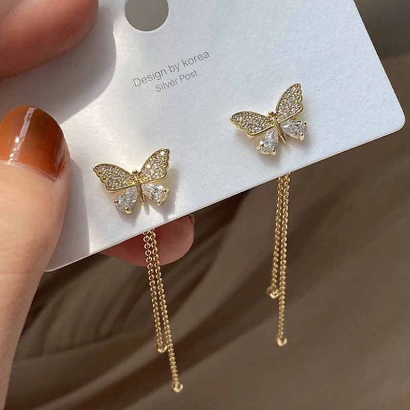 Women Long Tassel Earrings Korean Sweet Butterfly Rhinestone Earring Elegant Geometric Hanging Earring Jewelry 2021 New