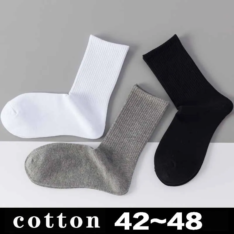 Chaussettes de couleur unie pour hommes, grandes tailles, pour affaires, Harajuku, confortable, respirant, pur coton, déodorant, noir, 45 46