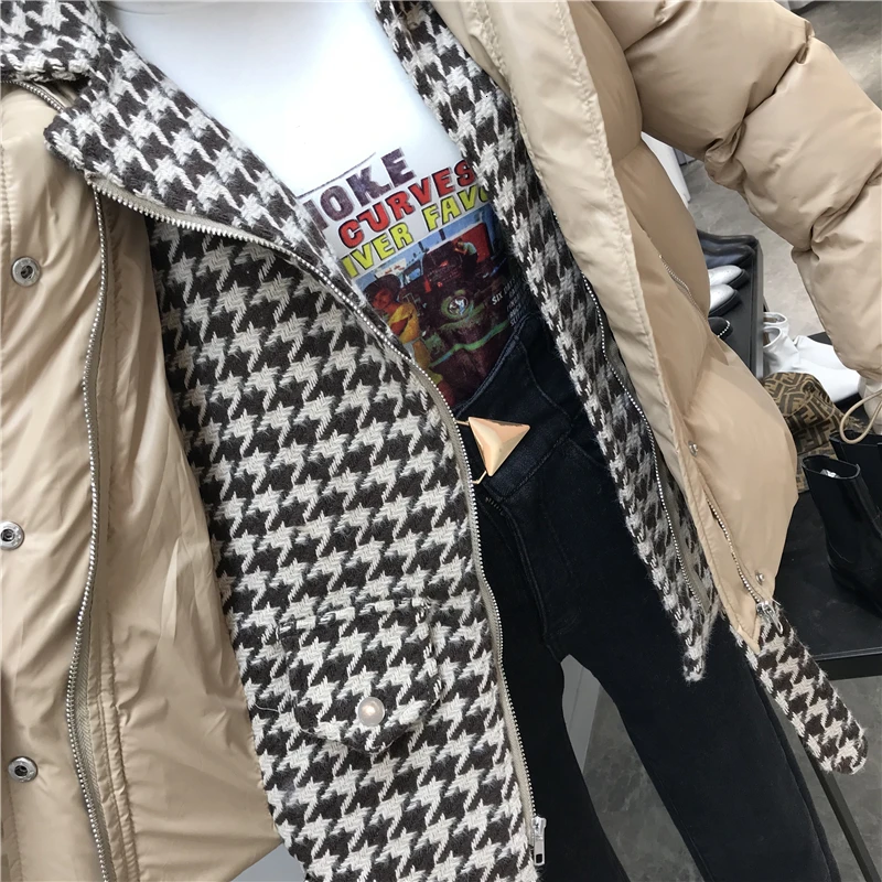 2022 Winter Jacket Women Coat Plaid Splicing Fake Two Pieces Down Cotton Padded Jacket Female Parka Coat Loose Outwear MY278