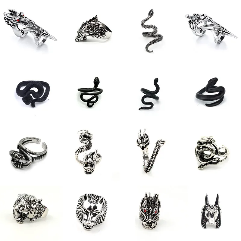メンズゴシックアニマルリング,ヴィンテージ,パンク,ヒップホップ,ブラックマンバ,クロス,ドラゴンヘッド,タイガー,スケルトン,男性用ジュエリー,1個
