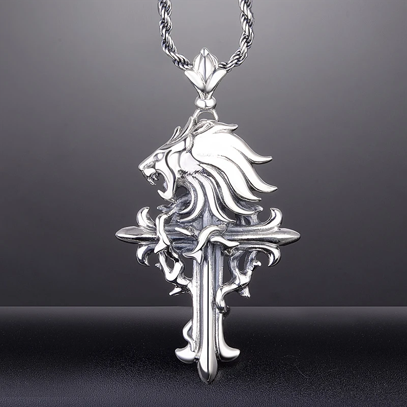 FINAL FANTASY VIII Lion Head S925 Sterling Thai Silver Cross Pendant Necklace FFVIII Cosplay Accessory Jewelry Birthday Gifts