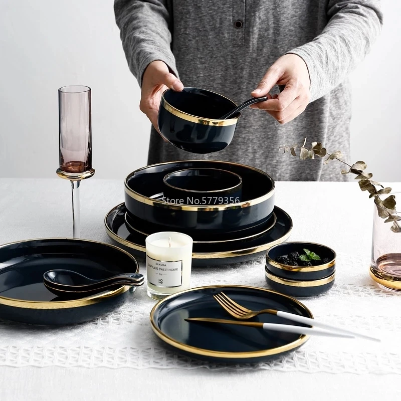 Pink Black Gold Inlay  Ceramic Dinner Plate Tableware Porcelain Bulk Serving Dishes Home Wedding Decorative Dinnerware