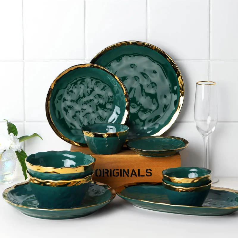 Dark Green Ceramic Plates Bone China Dinnerware Sets Dessert Salad Serving Platter And Rice Bowls Set Kitchen Trays Decorative