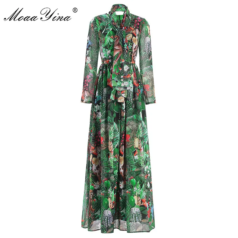 MoaaYina Fashion designerska sukienka wiosna jesień kobiety sukienka z długim rękawem Rainforest Floral-Print Maxi sukienki