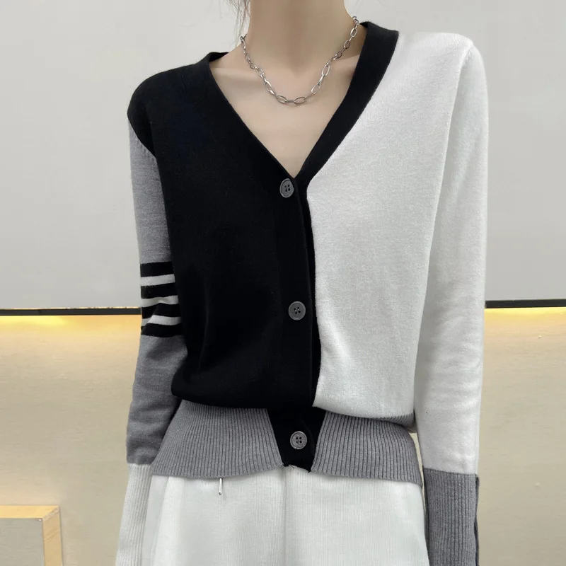 2021 fashion women\'s TB cardigan cashmere cardigan ladies V-neck cardigan sweater sleeves four-bar cashmere sweater