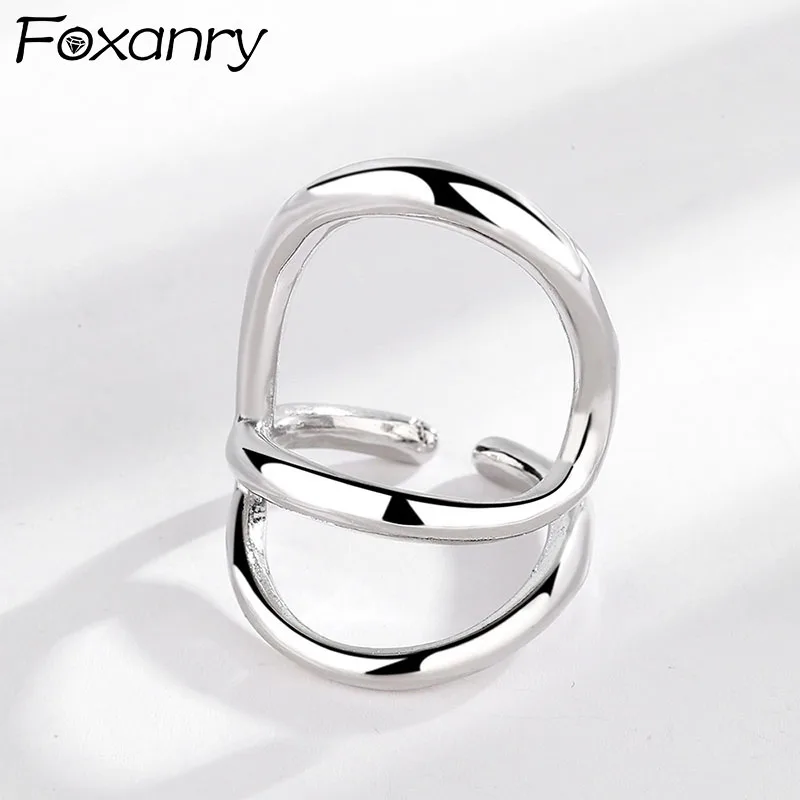 FOXANRY Silver Color Wide Rings for Women New Trendy Elegant Creative Glossy Hollow Geometric Party Jewelry Wholesale