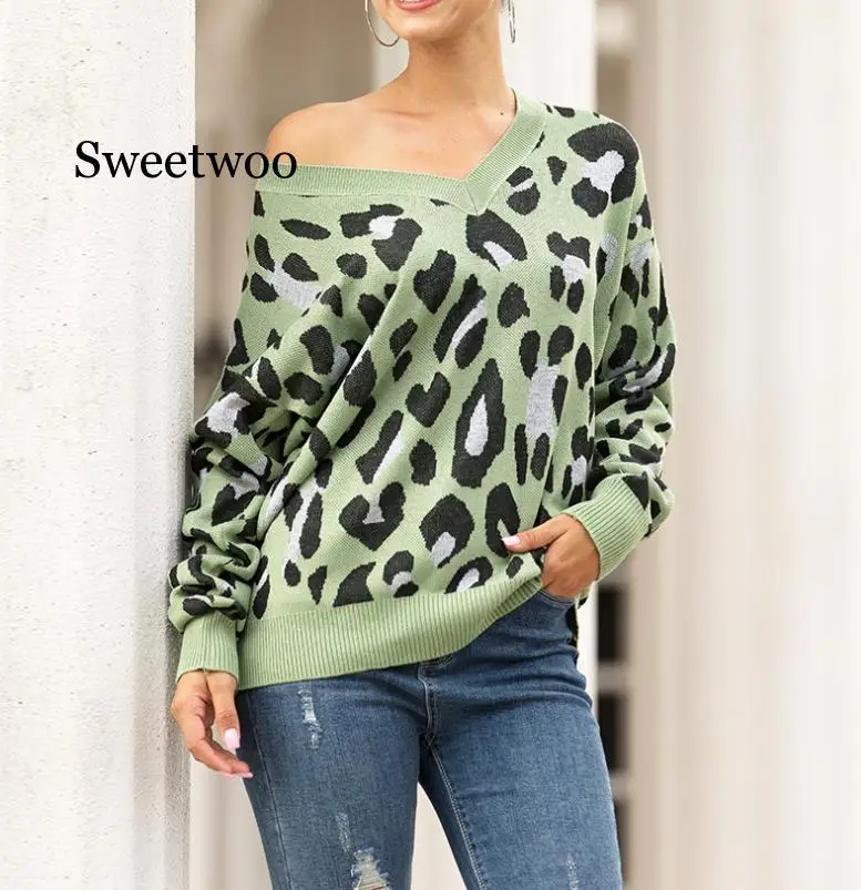 

Women Knitted Leopard Sweater Casual Long Sleeve V Neck Pullovers and Sweaters Autumn Winter Warm Soft Jumper Tops Knitwear