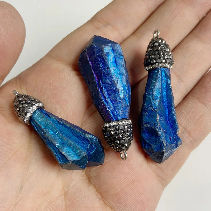 1PC Natural Blue Druzy Stone Pendant Connecter Metal Mineral Specimen Crystal Agates Slice Pendant Charm Geode Rough For Jewelry