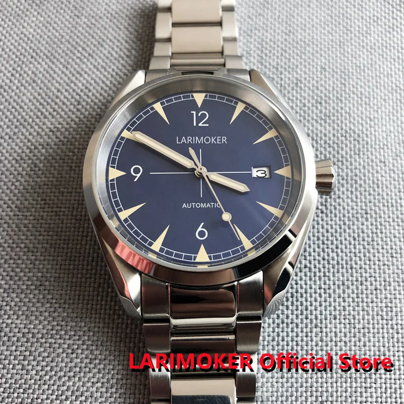 

LARIMOKER Mechanical Men Watch 24 Jewels NH35A Steel Bracelet Seeing Glass Back Cover Date Green Luminous