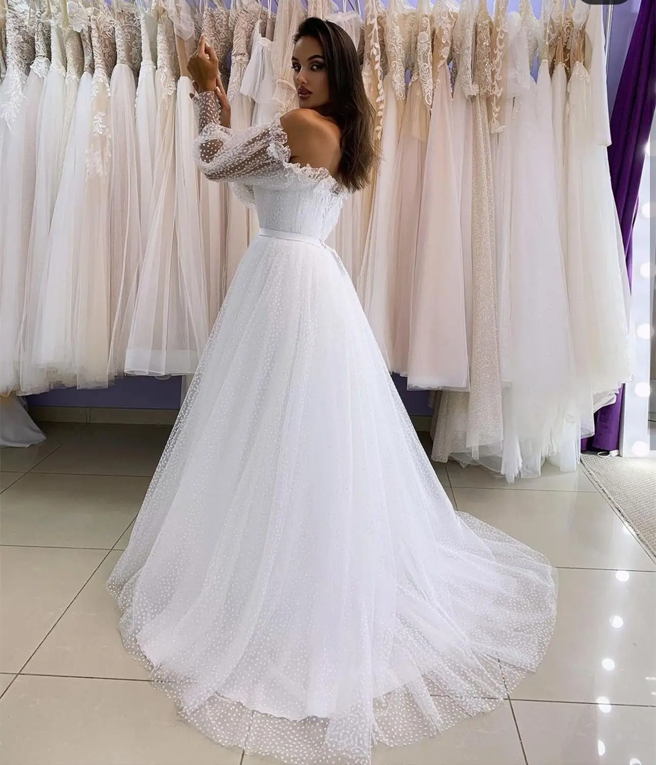 Vestido De novia De manga larga con hombros descubiertos para mujer, traje De novia De corte en A con manga larga, impresionante, talla personalizada