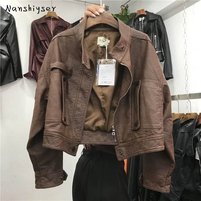 Short Faux PU leather jacket Women's Autumn Fashion Big pocket Slim Motorcycle leather jacket Streetwear Female Jaqueta de couro