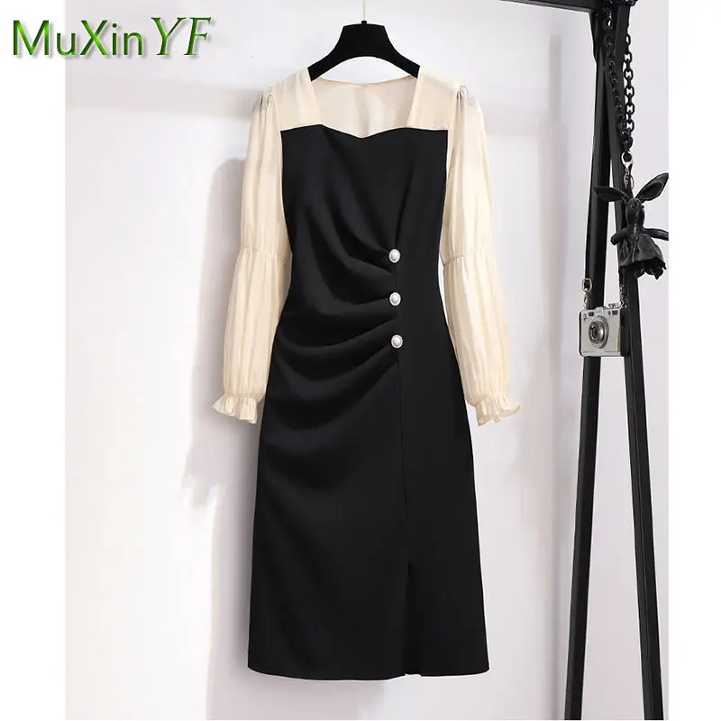 French Vintage Black Dress 2024 Spring New Long Sleeve High Waist Sexy Dresses Women Casual Light Midi Skirt Female Clothing