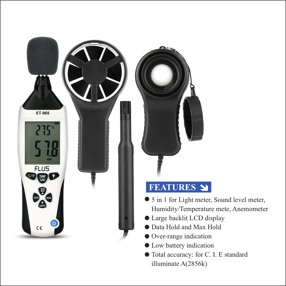 FLUS Digital 5 IN 1 Environment Meter Portable Professional Anemometer Thermometer Humidity Sound Level Meter Ligth Meter