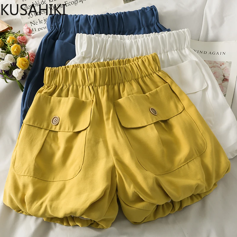 KUSAHIKI Summer Causal Woman Shorts 2023 New coreano Stretch vita alta Bottoms tasche solide Hot Short femimos 6 k133