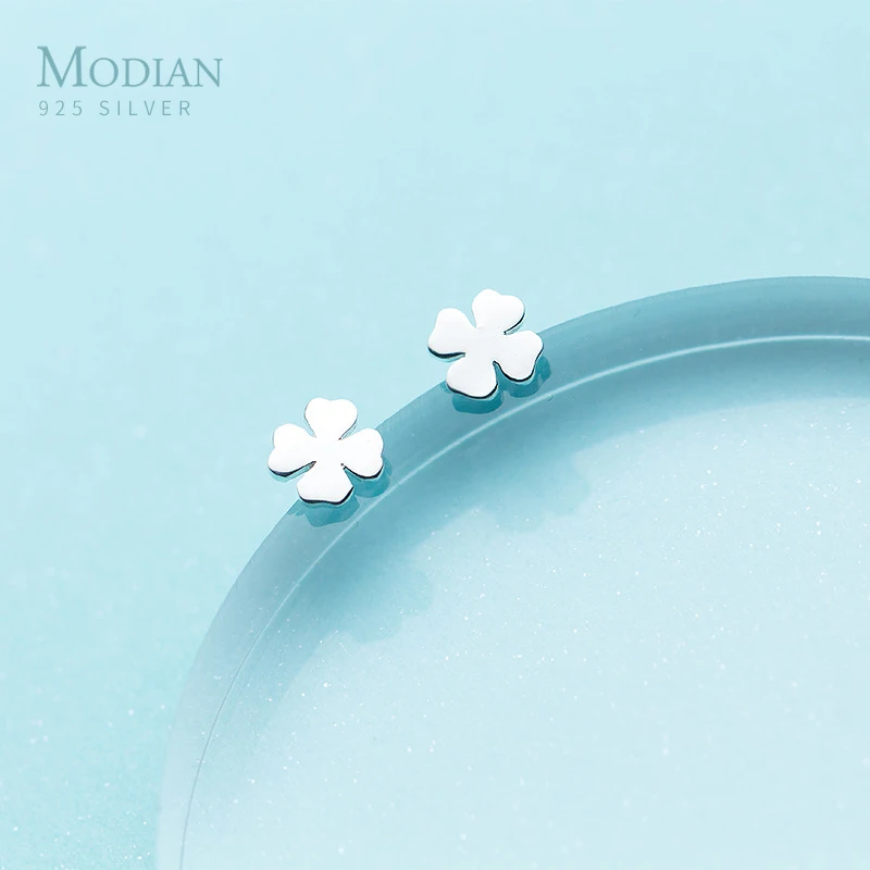 Modian Minimalism Four Clover Simple Stud Earrings Charm 925 Sterling Silver Earings For Women Girl Kids Jewelry Gifts