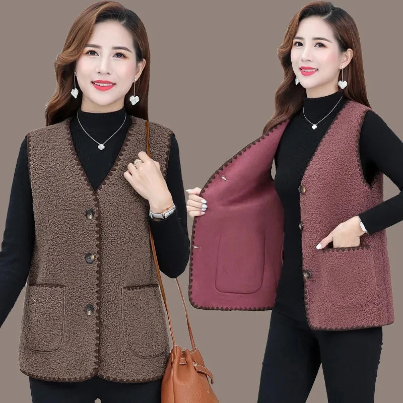 

Vest Jacket Women Sleeveless Lamb Wool Gilet Femme Autumn Winter Single-Breasted V-Neck Wild Waistcoat Short Chalecos Para Mujer