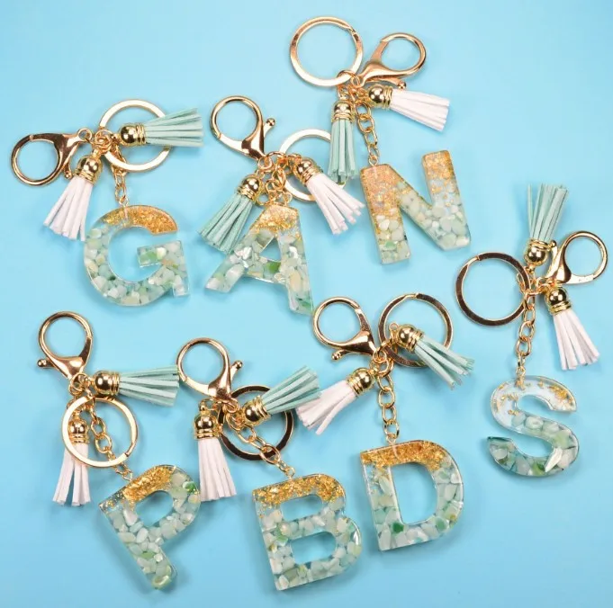 

2021 New Acrylic English Letter Luxury Keychain Gradient Petal Letters Car Keyring With Tassel Women Bag Pendant Key Chain Gift