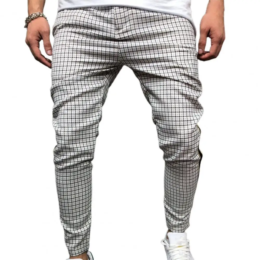 

Fashion Men Pants Mid Waist Slims Fit Male Sweatpants Plaid Checkered Side Stripe Trousers Summer 2021 New Work Casual Pants