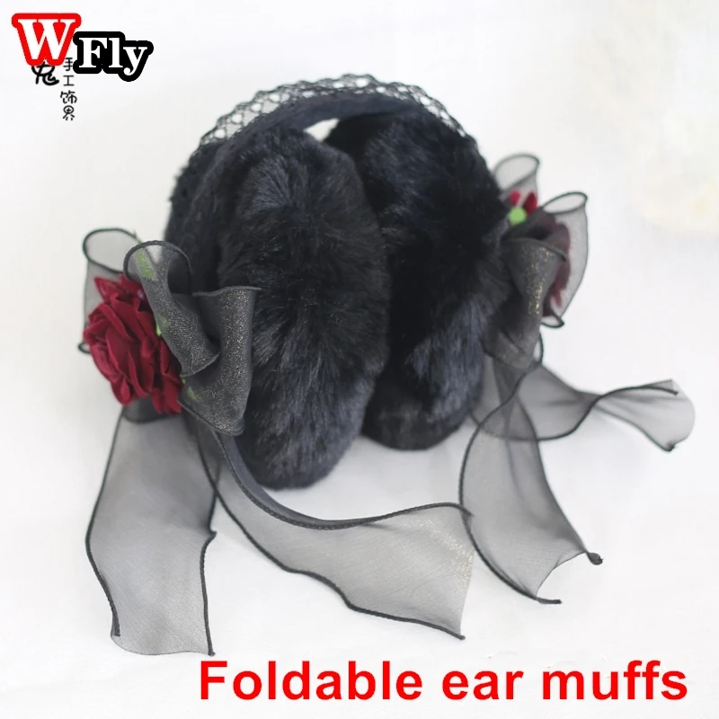 Gothic sweet Lolita Women Girl Lace bow rose Plush winter Warm Earmuffs Foldable Warmer Ear Cover Ear muffs Headband Accessories