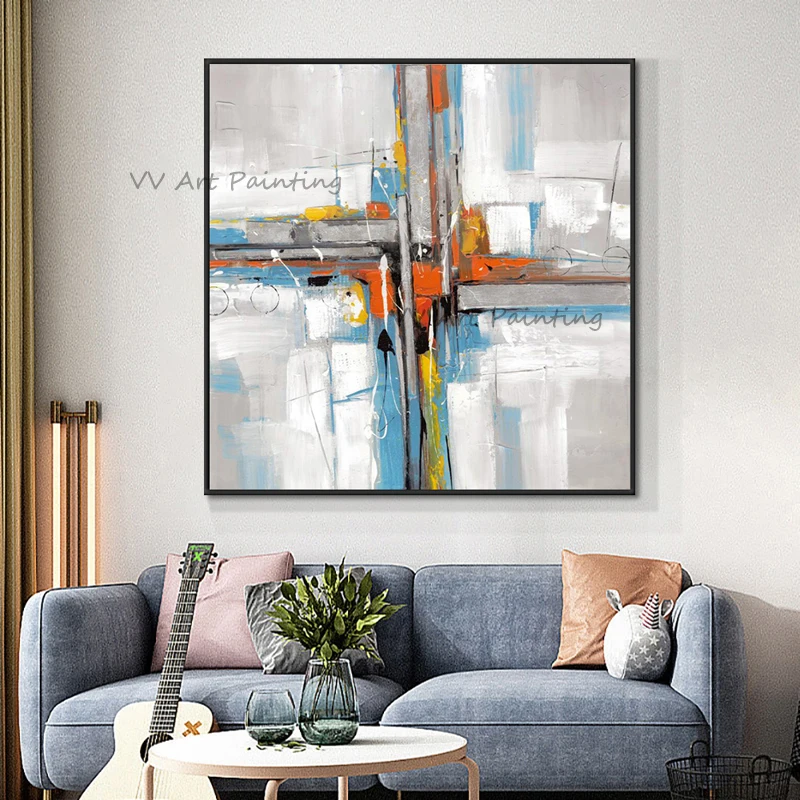 

Brush Mural Picture for Living Room Oil Painting Geometry Hand Painted Cross Abstraction Artwork Poster Home Decor Wall Art