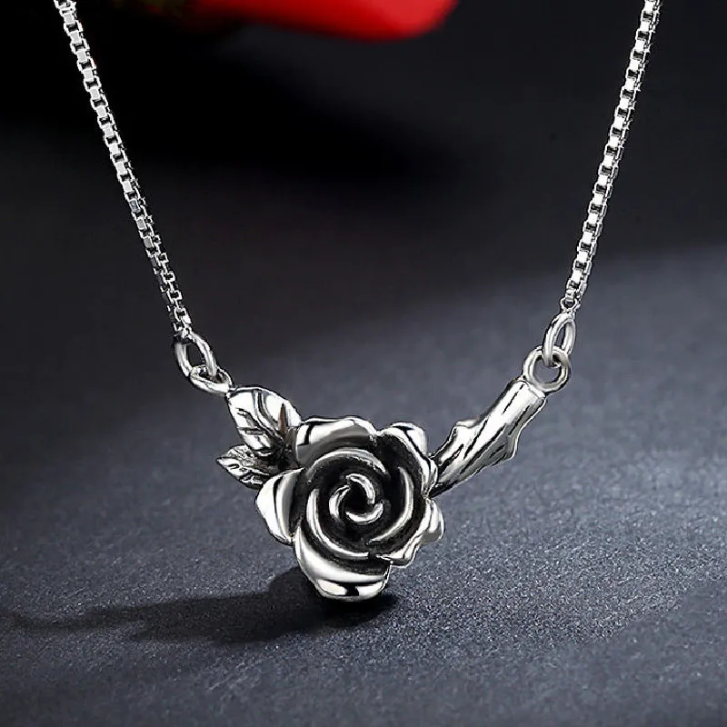 FOXANRY Silver Color Necklace for Women Trendy Elegant Vintage Make Old Design Rose Flower Thai Silver Party Jewelry Gift