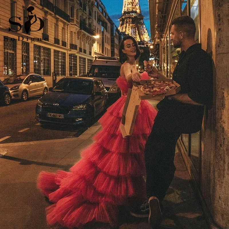 SoDigne – robe de bal rouge Hi-Lo, sans bretelles, en Tulle, à plusieurs niveaux, robes de célébrité, sans manches, robes formelles, robes de soirée pour femmes, 2022