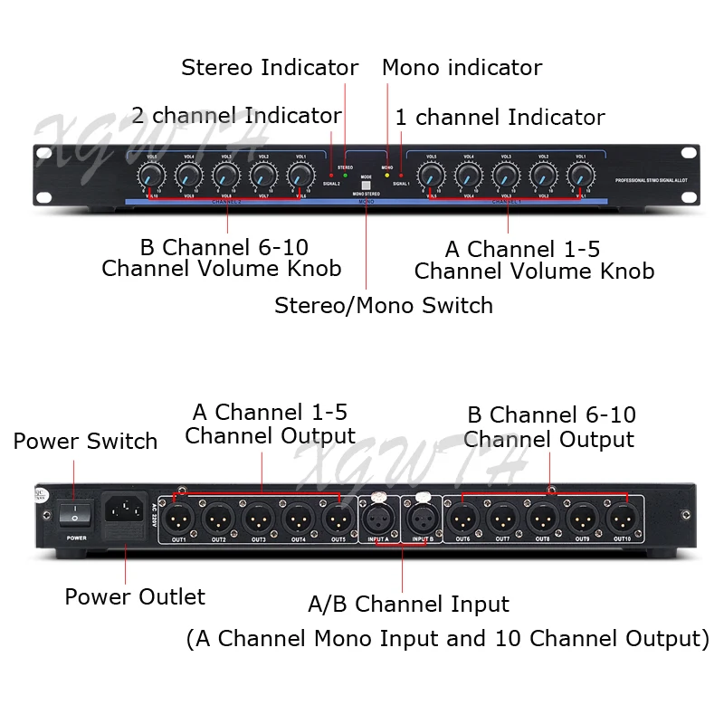 Stereo Mono Audio Signal Distributor 6.5mm XLR Splitter Amplifier Stage Equipment DJ Conference Multi-amplifier Distribution