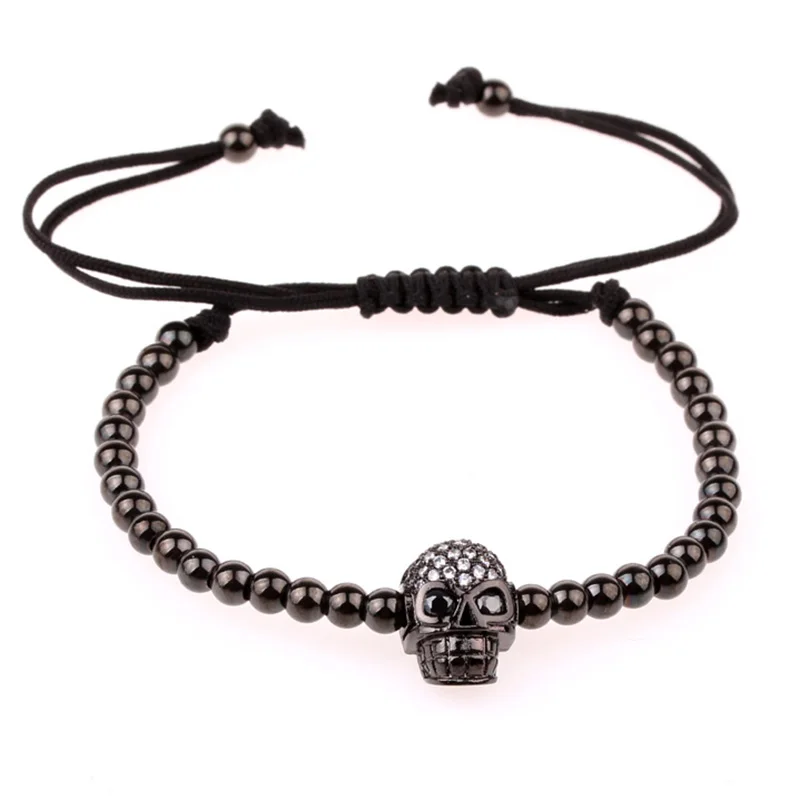 Classic Design Stainless Steel Beads CZ Pave Skull Charm Macrame Bracelet Men Women