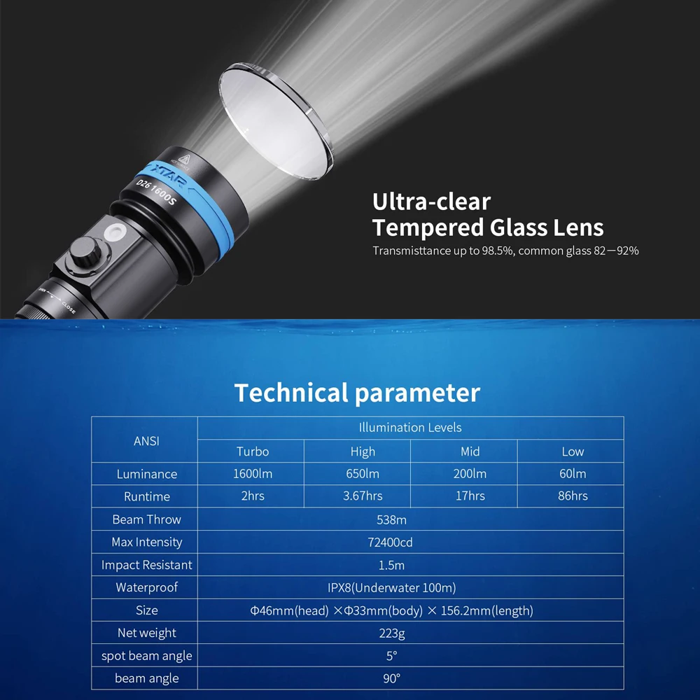 XTAR 슈퍼 브라이트 다이빙 손전등 LED 토치 라이트, 방수 전문 스쿠버 다이버 랜턴, 울트라 슈퍼 손전등 D26 1600S