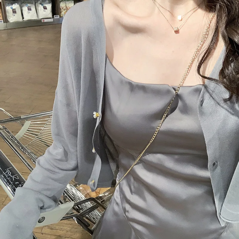 Summer Thin Knitted Cardigan Women Gray Blue Beige White Cardigan Coat Korean Style Cute Sun Protection Long Sleeve Cardigan Top