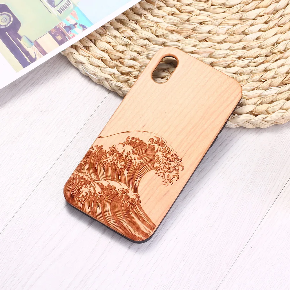 The Great Wave Off Kanagawa Wave Engraved Wood Phone Case Funda For iPhone15 14 14ProMax 14Plus 13Promax 13 12 11