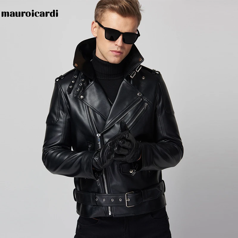 Mauroicardi Spring Cool Handsome Black Leather Moto Biker Jacket Mens Zipper Belt Autumn Soft Faux Leather Jackets for Men Brand