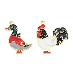Julie Wang 4PCS Enamel Duck Chicken Charms Alloy Animal Goose Rooster Pendant Bracelet Jewelry Making Accessory