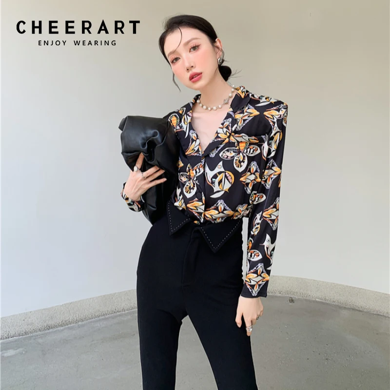 CHEERART Autumn 2021 Long Sleeve Satin Shirt For Women Designer Top And Blouse Button Up Collared Shirt New Arrival Korean Style