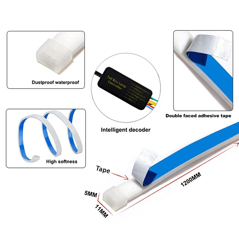 LED Trunk Light Strip 12V 120cm IP67 Car Styling Decoration Turn Signal Lights Auto Rear Warning Lamp