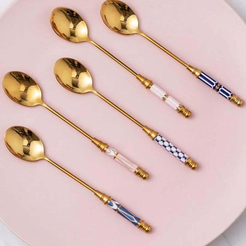 Stainless Steel Coffee Stirring Spoon Flatware Ceramic Long Handle Ice Cream Teaspoon Gold-plated Dessert Spoon