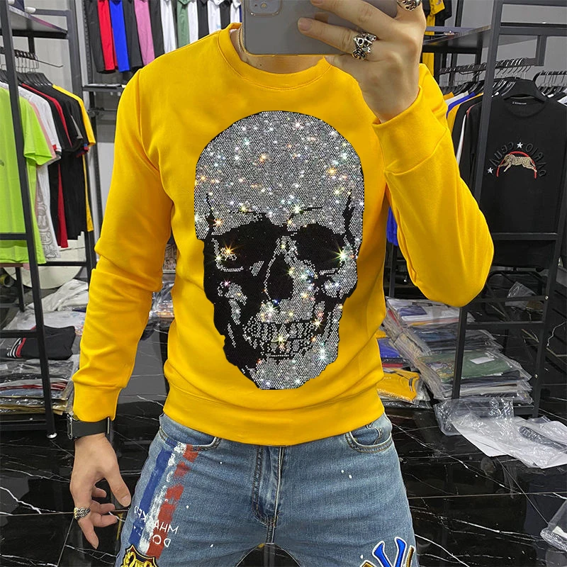 European Winter 2021 Brand Men\'s Hoodie Shiny Skull Hot Diamond Fashion Hoody Fleece Warm Casual Sweatshirt Street Star Oversize