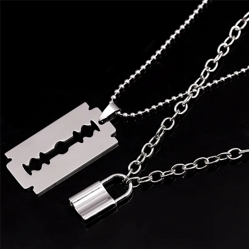 Double Layer Lock Pendant Necklace Hollow Out Large Razor Blade Necklaces Fashion Women Jewelry Accessories Gothic Gifts image 5