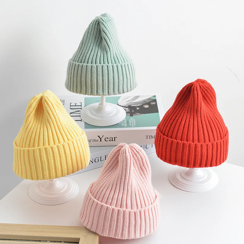 6 Months To 5 Years Baby Kids Winter Warm Ribbed Knitted Beanie Hat New Sweet Solid Candy Color Toddlers Windproof Cap