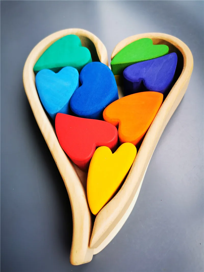 10pcs Kids Wooden Toys Basswood/Beech Rainbow Heart Stacking with Wood Tray Pastel Building Blocks Early Learning