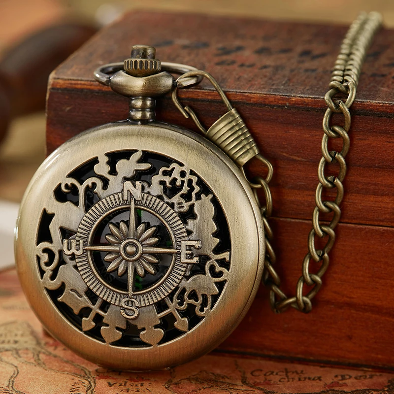 Antique Compass Pendant Quartz Pocket Watch Vintage Bronze Fob Chain Flip Clock for Men Women Birthday Present Collection Gift