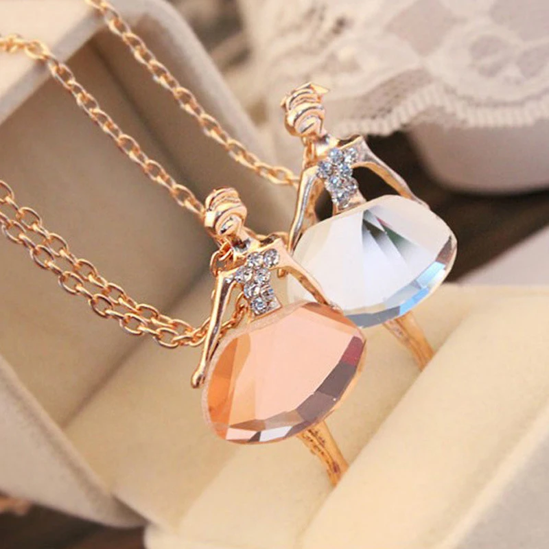 2024 Fashion Gold Color Chain Shiny Crystal Ballerina Girl Pendant Necklace Statement Long  Jewelry Female Women Gifts