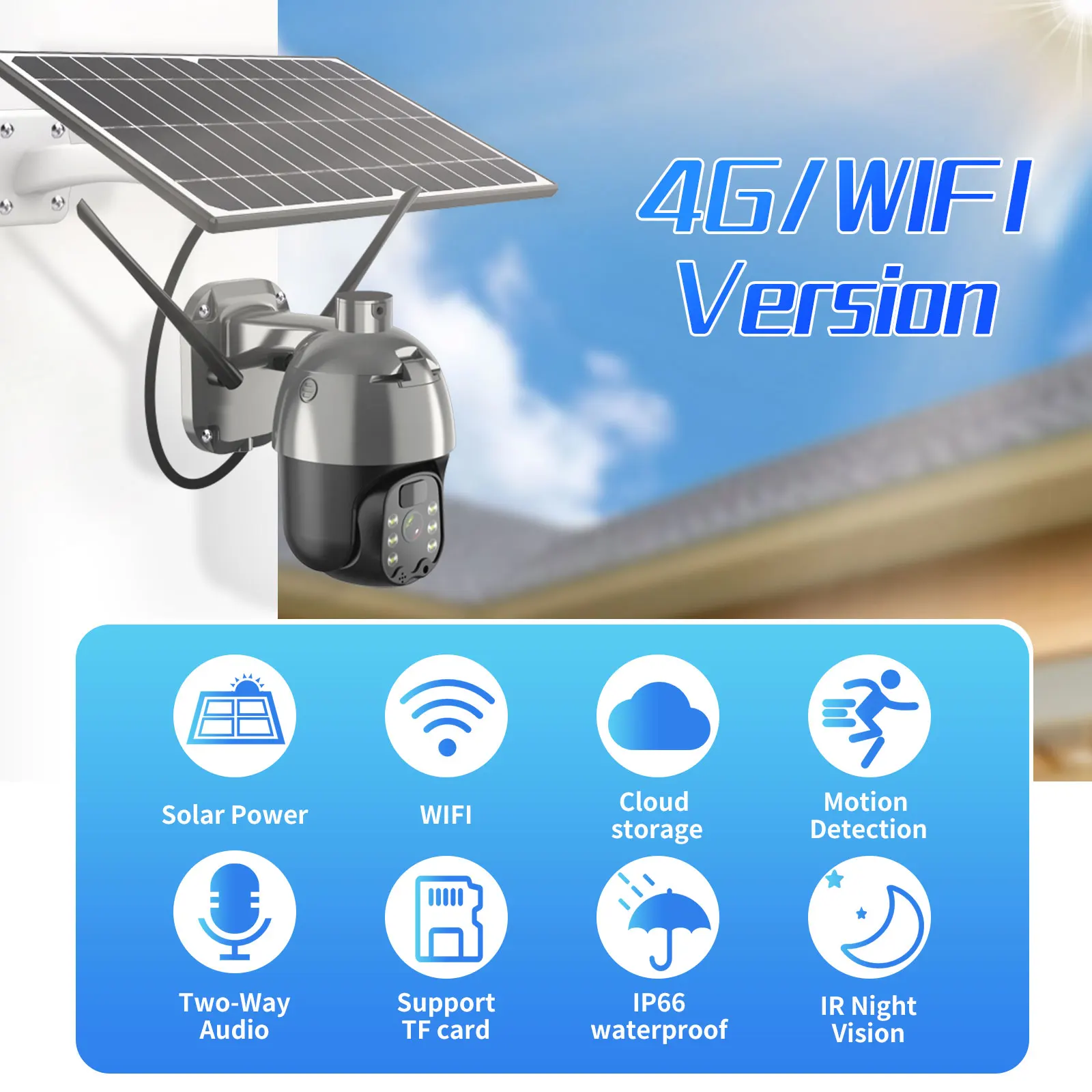 Solar Panel IP Camera 1080P 4G Sim Card /WiFi PTZ 4X Outdoor Security Wireless Monitor Waterproof Human Detect CCTV Surveillance