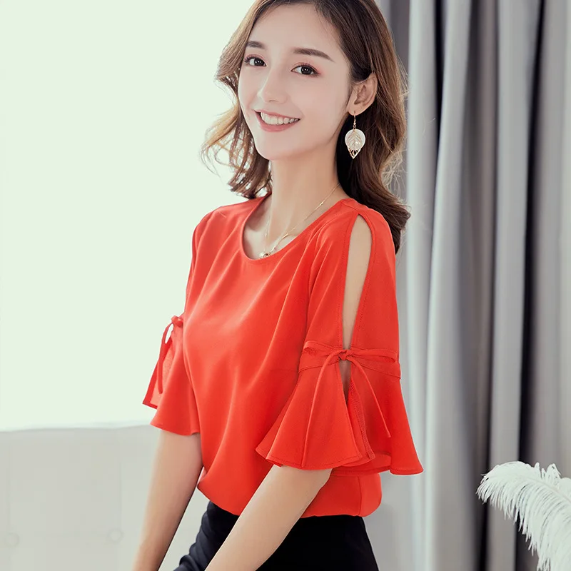 Womens Blouses Office Casual O Neck Flare Sleeve Off Shoulder Slim Shirts Summer Blouse 2020 Streetwear Red Top Blusas