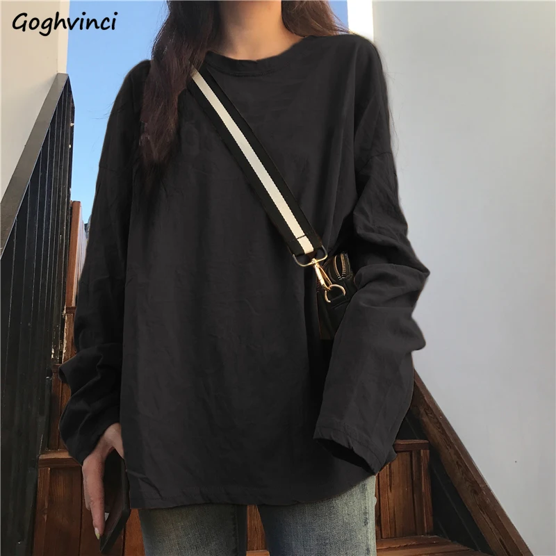 Long Sleeve T-shirts Women Spring Solid Long-style Loose Simple Ins All-match Casual Girls Tops Trendy Stylish Ulzzang Daily New