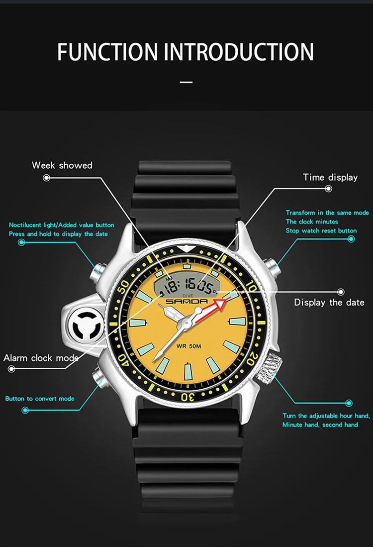 SANDA Mode Sport Männer LED Digital Uhren Dual Display Quarz Armbanduhr Im Freien Wasserdichte Militär Armbanduhren Herren Uhr – Detail 9
