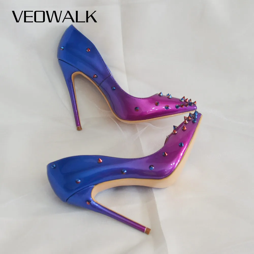 Veowalk Gradient Blue Purple Women Spikes Stilettos High Heels Sexy Pointy Toe High Heels Chic Ladies Rivets Club Party Shoes