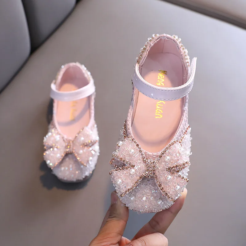 Girls Bow Leather Shoes Princess Sequin Rhinestone Children Dance Shoes Spring Autumn Kids Soft Single Shoes G47