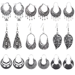 Ethnic Gypsy Vintage Statement Earrings Carved Hollow Geometric Earring For Women Antique Silver Color Indian Jewelry Pendientes